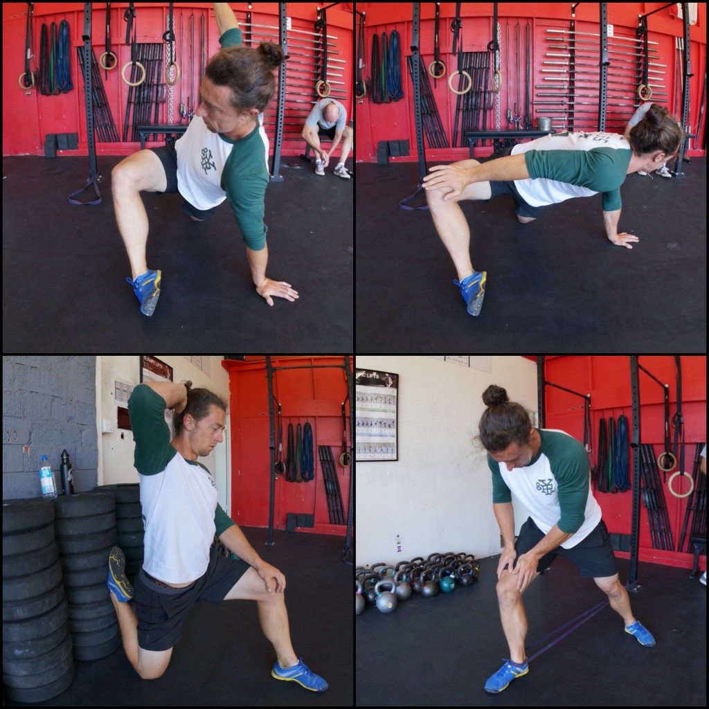 Top Left: K. Starr Hip Prep (Internal), Top Right: K. Starr Hip Prep (External) Bottom Left: "Couch Stretch," Bottom Right: Banded Ankle Mobility